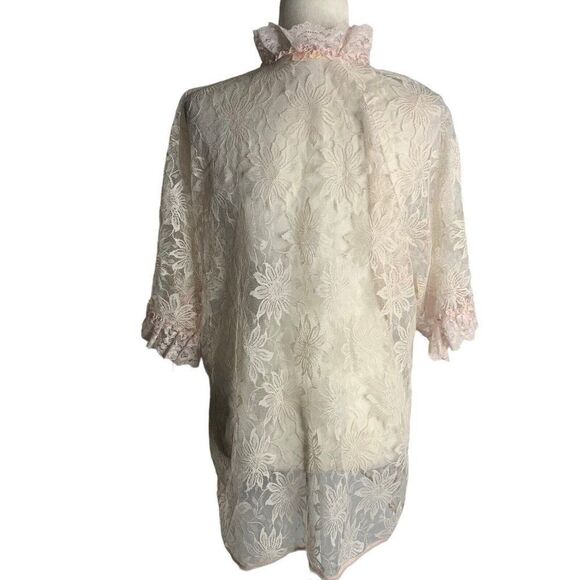 Vintage Floras Follies Lace Robe Bed Jacket S Pink Floral Open Front Ruffles - Picture 4 of 6